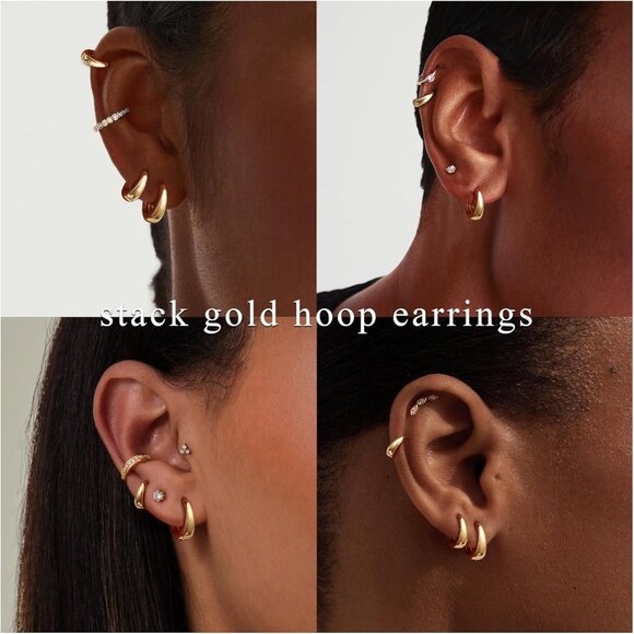 4 Pairs Small Chunky Huggie Hoop Earrings for Women - Dainty 14K Gold Plated Hyp - Picture 4 of 8